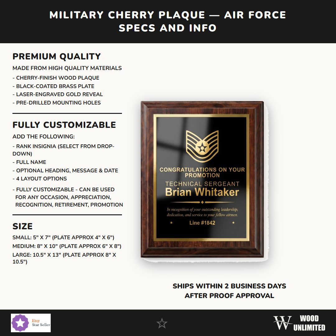 Air Force cherry plaque size chart comparing the 5x7 inch, 8x10 inch, and 10.5x13 inch plaques and their engraving plate areas