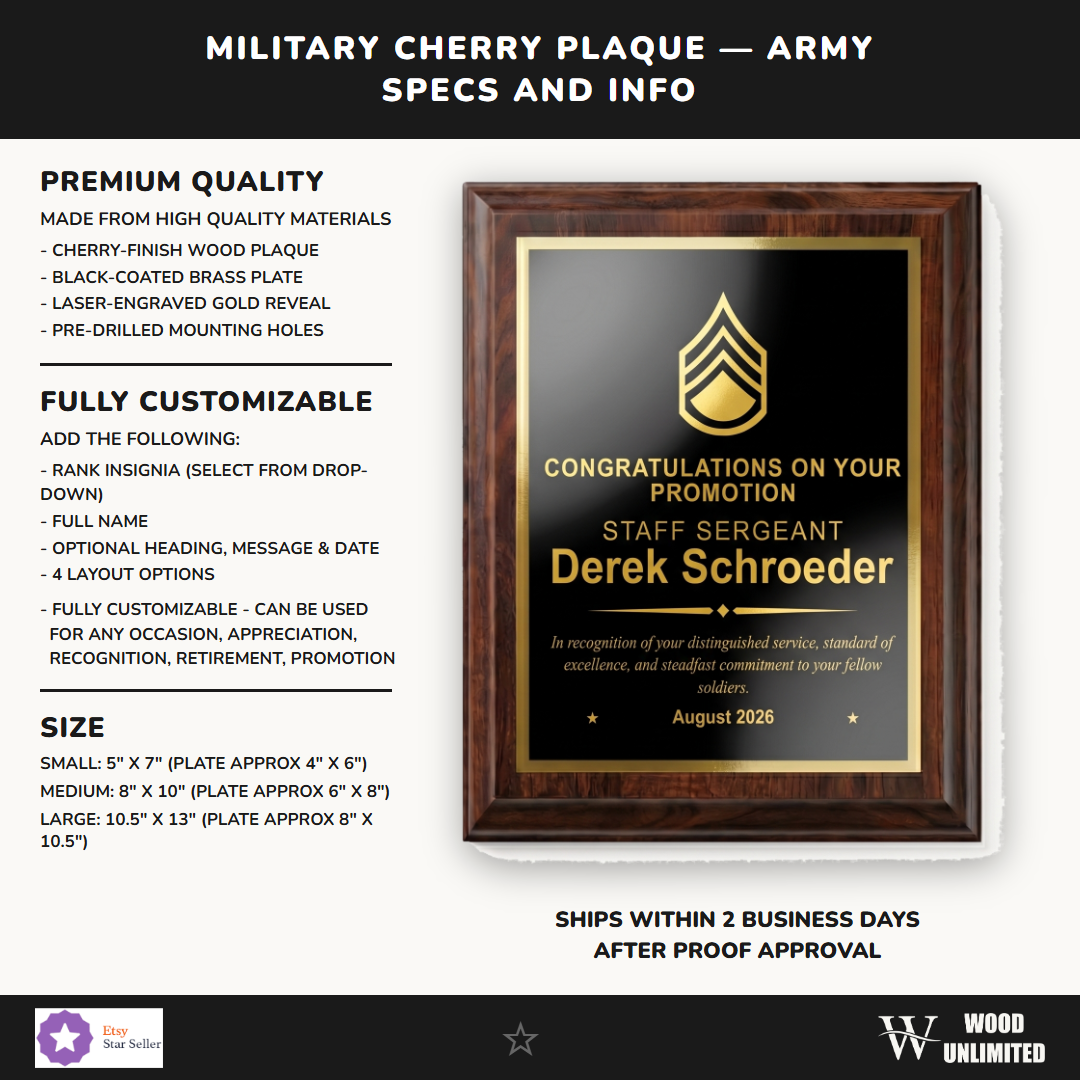 Army cherry plaque size chart comparing the 5x7 inch, 8x10 inch, and 10.5x13 inch plaques and their engraving plate areas
