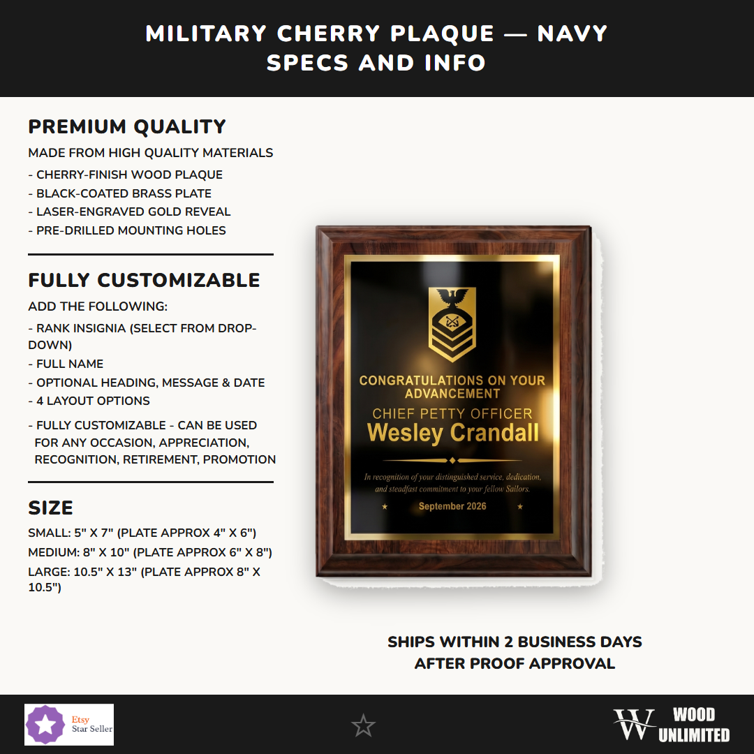 Navy cherry plaque size chart comparing the 5x7 inch, 8x10 inch, and 10.5x13 inch plaques and their engraving plate areas