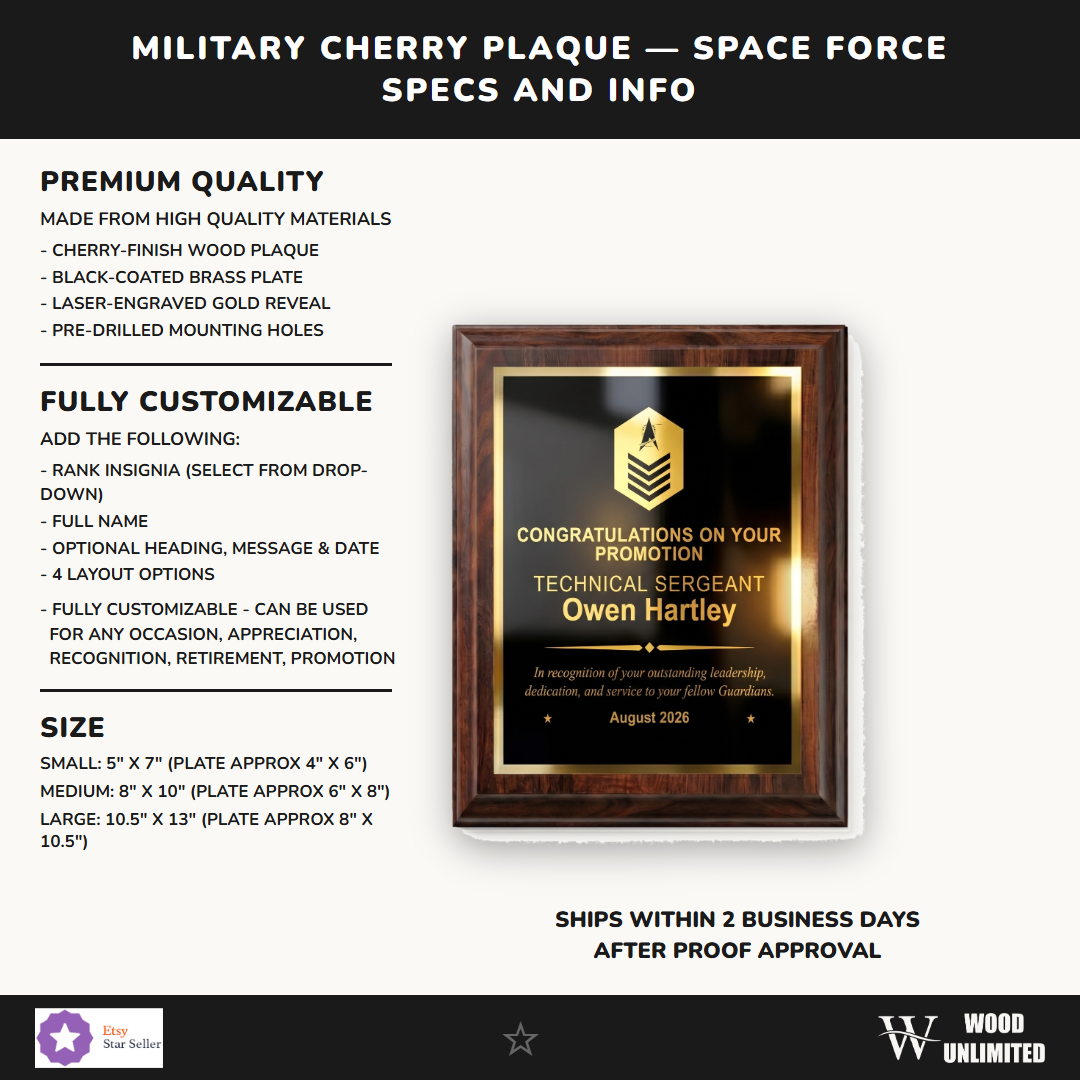 Space Force cherry plaque size chart comparing the 5x7 inch, 8x10 inch, and 10.5x13 inch plaques and their engraving plate areas