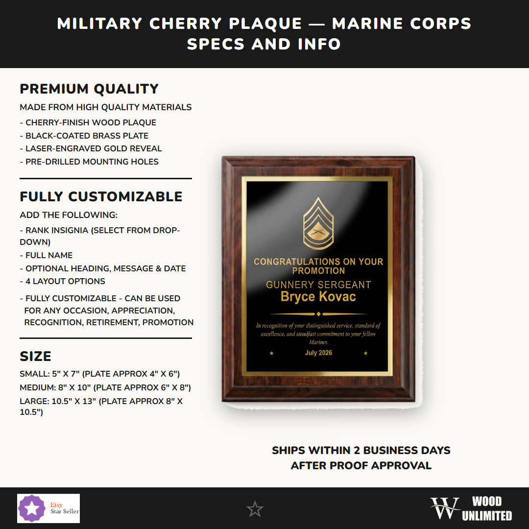 Marine Corps cherry plaque size chart comparing the 5x7 inch, 8x10 inch, and 10.5x13 inch plaques and their engraving plate areas