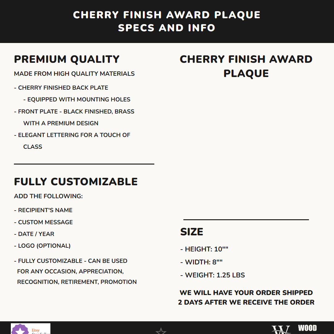 Father's Day Gift Trophy Specifications — Modern minimalist cherry wood plaque with black brass plate, bold gold geometric sans-serif recipient name as. Premium resin with custom laser engraved gold name plate, dimensions and material details for modern dad plaque buyers