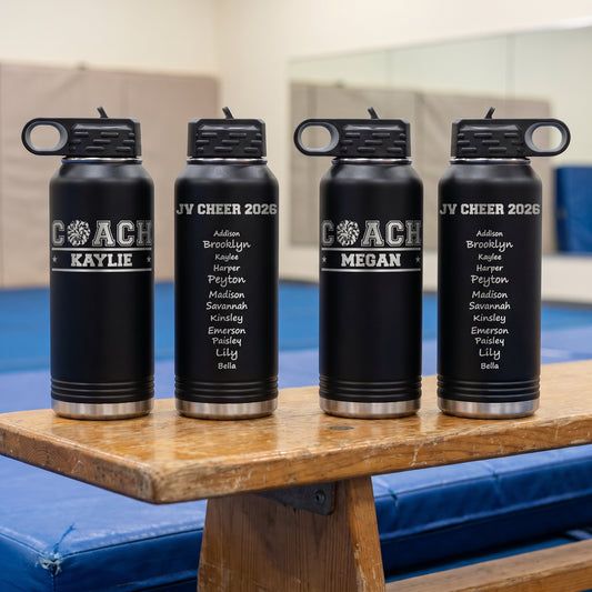 Personalized cheer coach water bottles with the COACH pom-pom logo and coach name engraved on the front and squad signatures on the back