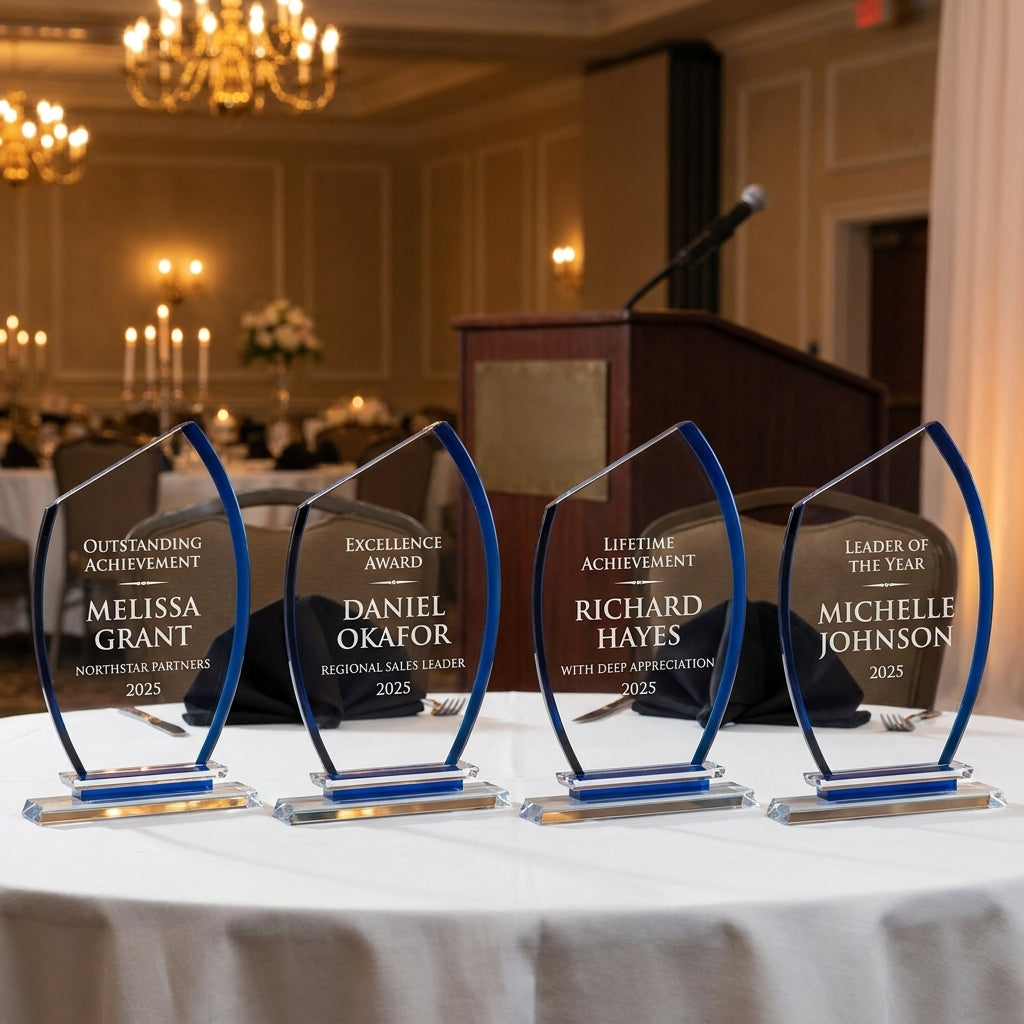 Personalized Premium Clear Blue Glass Award - custom laser engraved - view 1