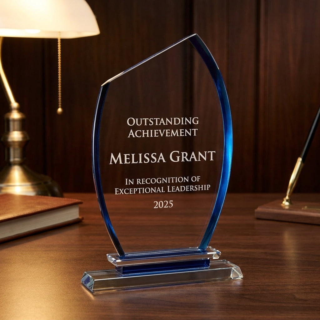 Personalized Premium Clear Blue Glass Award - custom laser engraved - view 2