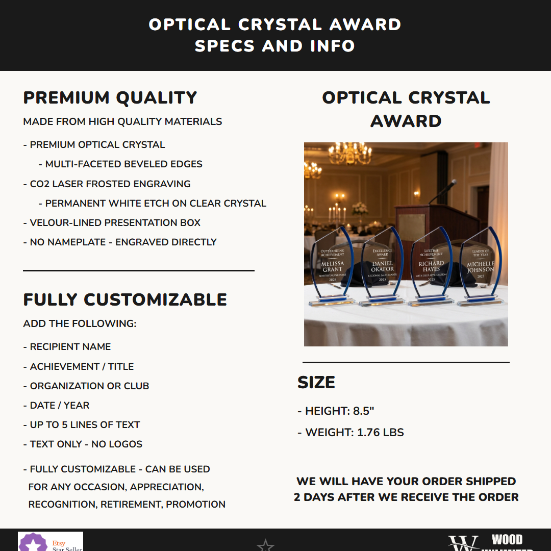 Personalized Premium Clear Blue Glass Award Specifications - dimensions, materials, features