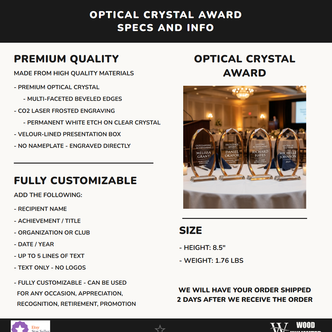 Personalized Premium Clear Black Glass Award Specifications - dimensions, materials, features