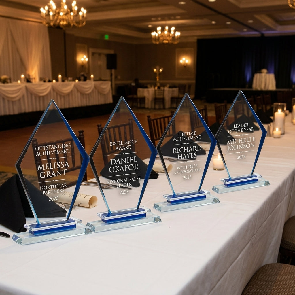 Personalized Premium Clear Blue Glass Award - custom laser engraved - view 1