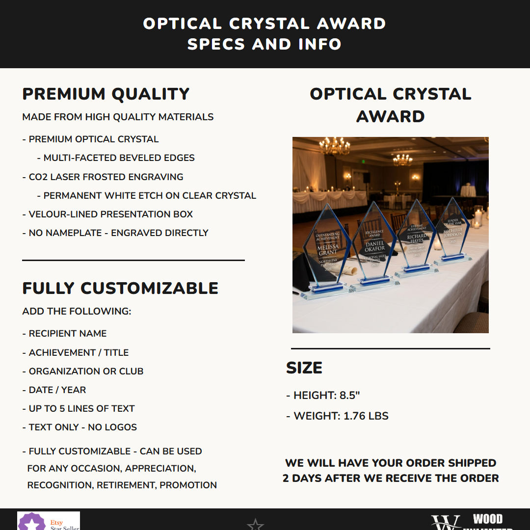 Personalized Premium Clear Blue Glass Award Specifications - dimensions, materials, features