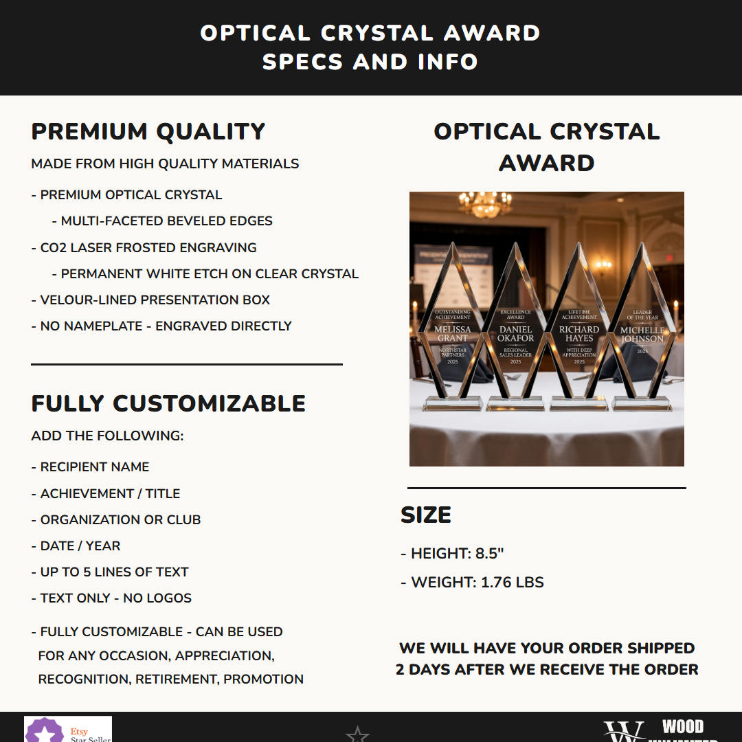 Personalized Premium Clear Black Glass Award Specifications - dimensions, materials, features