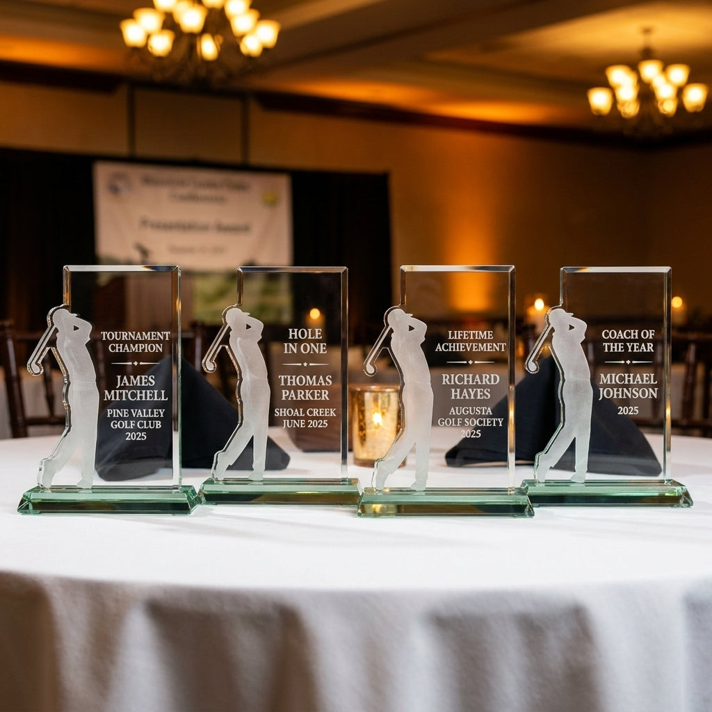 Personalized Optical Crystal Golf Silhouette Award — group of awards on a banquet table with personalized engravings — view 1