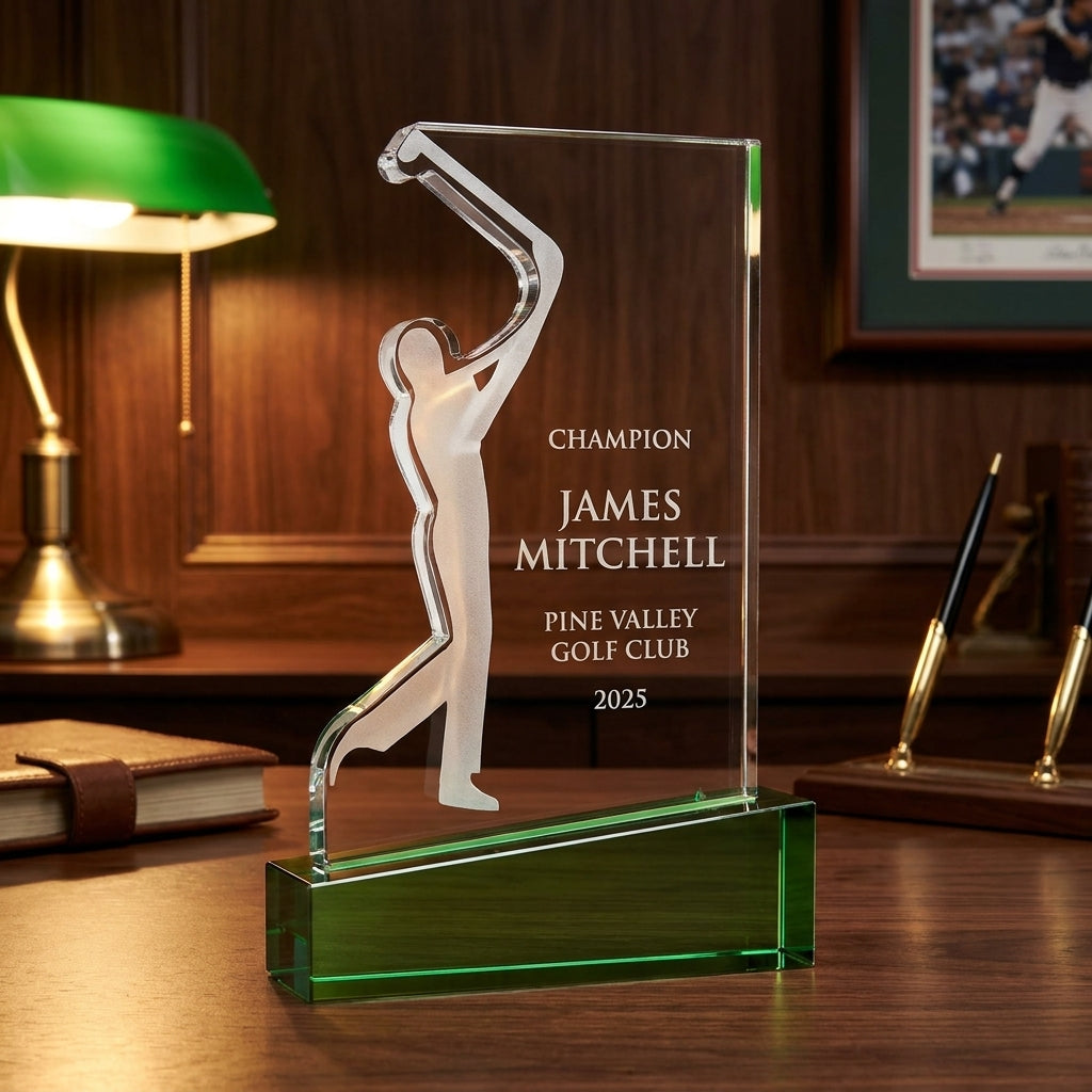 Personalized Optical Crystal Golf Silhouette Award — on a dark walnut executive desk in a private clubhouse study — view 2