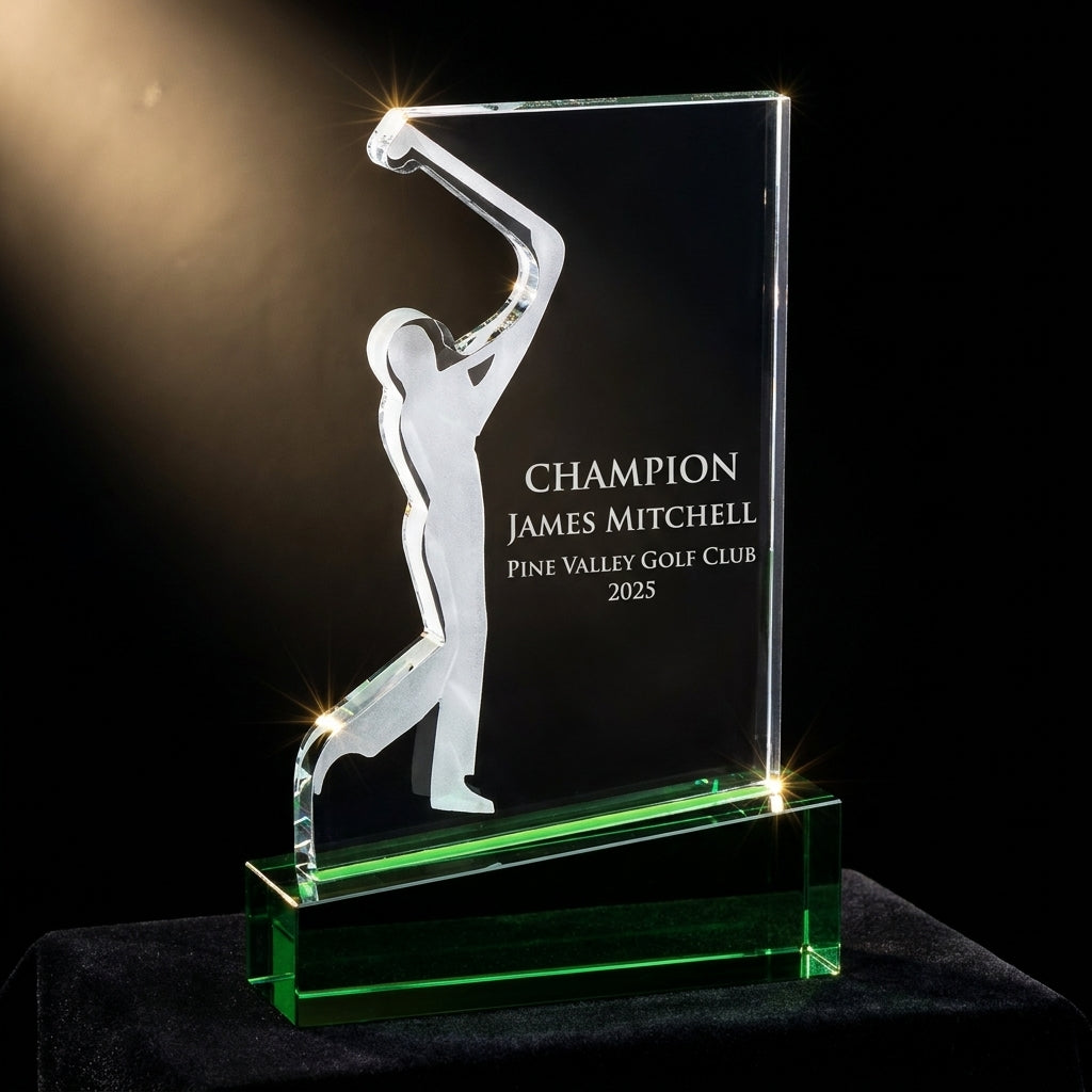 Personalized Optical Crystal Golf Silhouette Award — dramatic awards ceremony presentation with warm spotlight on black velvet — view 3