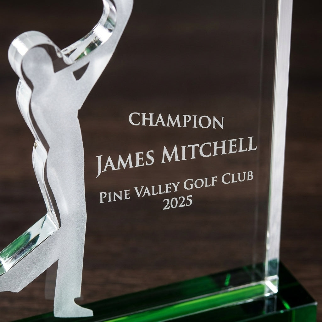 Personalized Optical Crystal Golf Silhouette Award — close-up macro of permanent CO2 laser frosted engraving directly on optical crystal — view 4