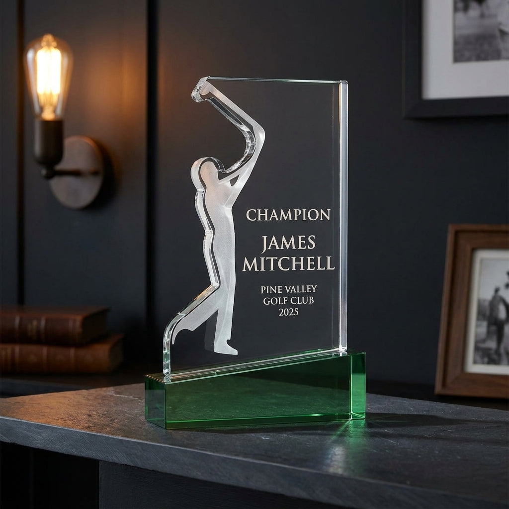 Personalized Optical Crystal Golf Silhouette Award — on a dark slate mantelpiece with moody lighting in a library setting — view 5