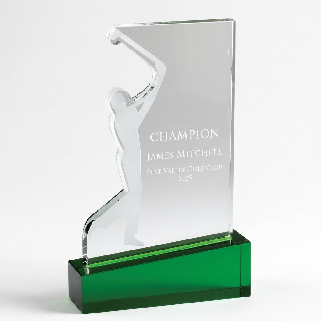 Personalized Optical Crystal Golf Silhouette Award — pure white studio backdrop showing crystal detail — view 6