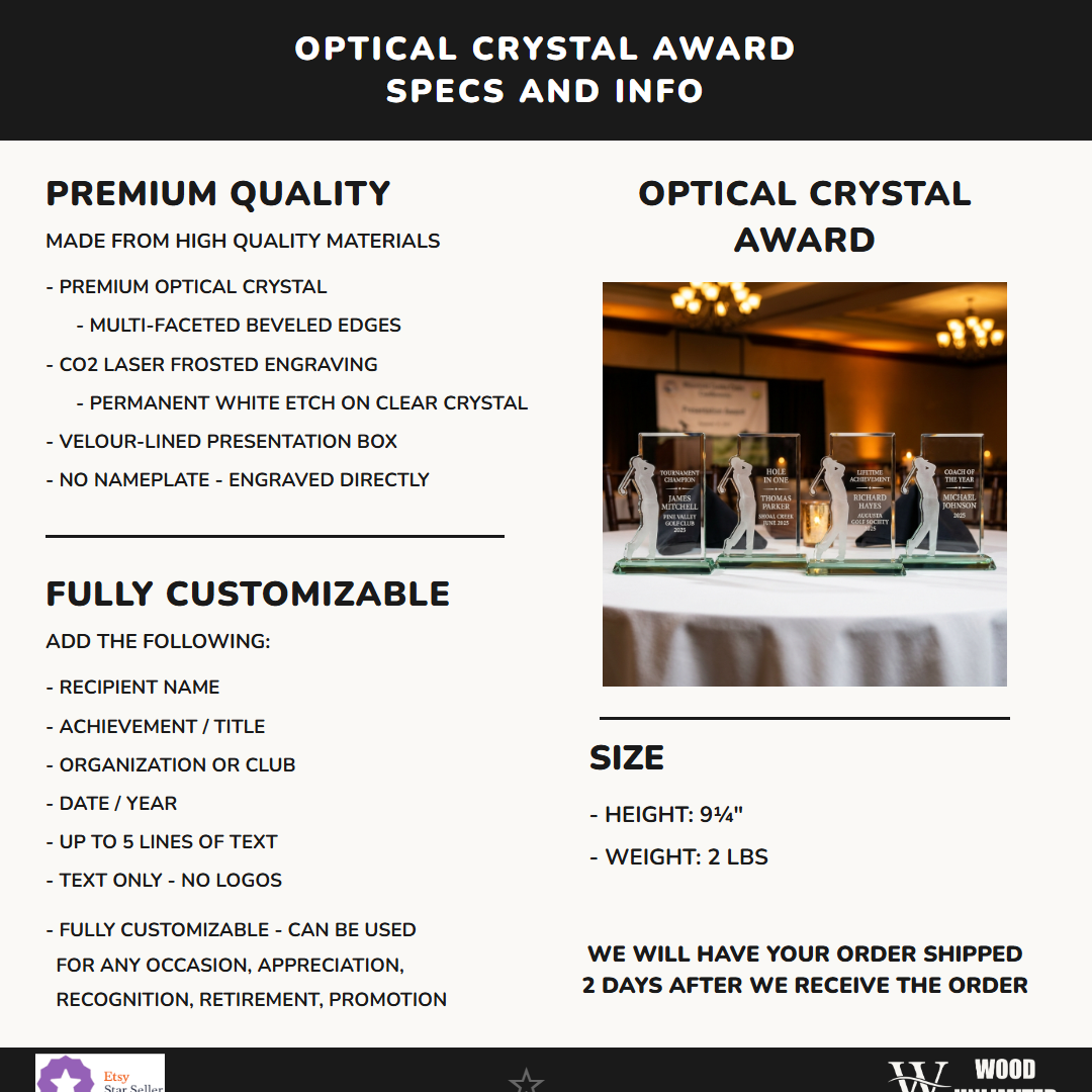 Personalized Optical Crystal Golf Silhouette Award Specifications — height, weight, optical crystal material, velour gift box included