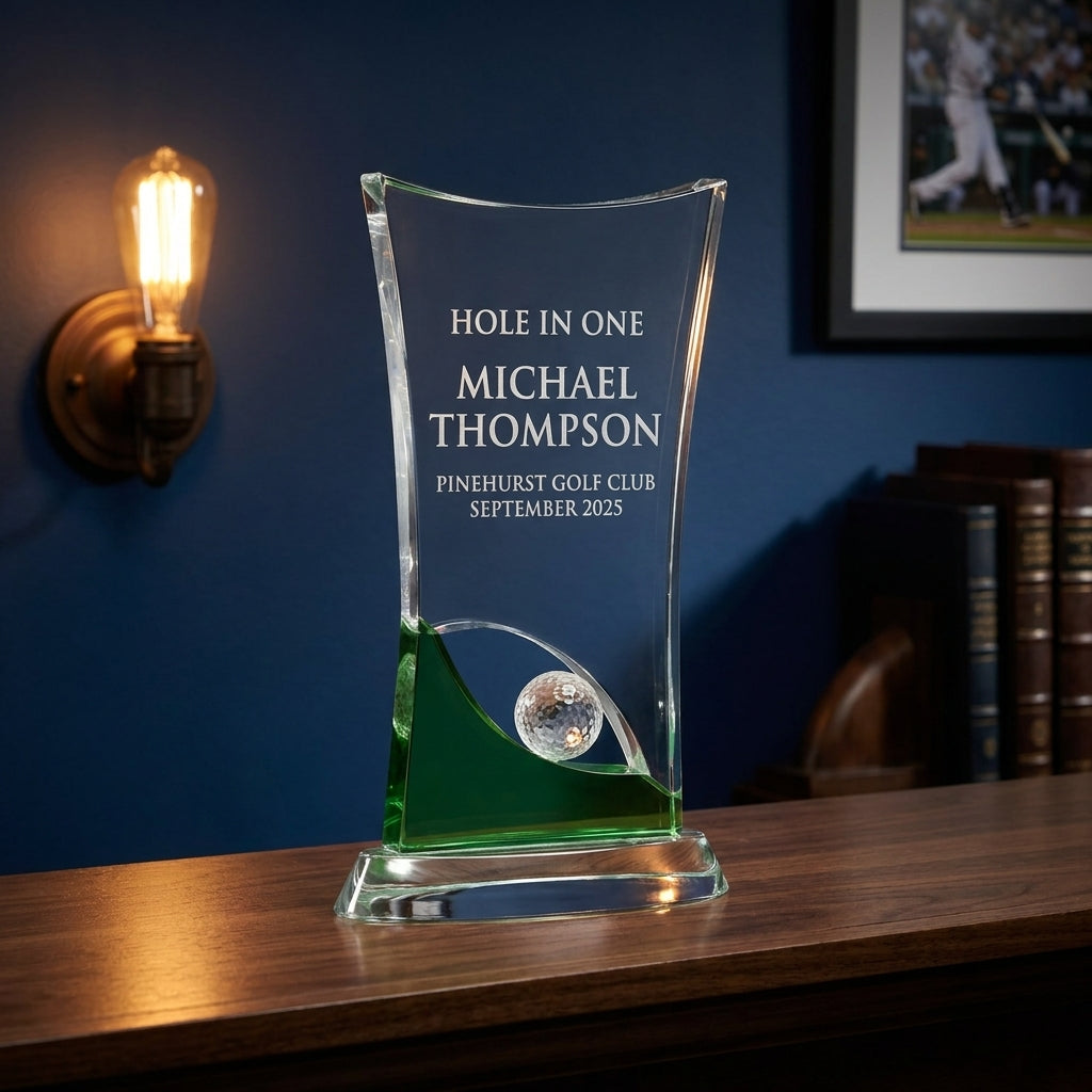 Personalized Crystal Golf Award | Engraved Optical Crystal Retirement Gift | Tournament Champion Trophy - View 5