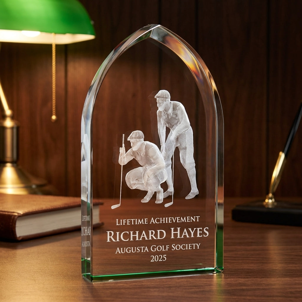 Personalized Crystal Sports Award | Engraved Optical Crystal Golf Tablet | Tournament Champion | Retirement Gift | Hole in One - View 2
