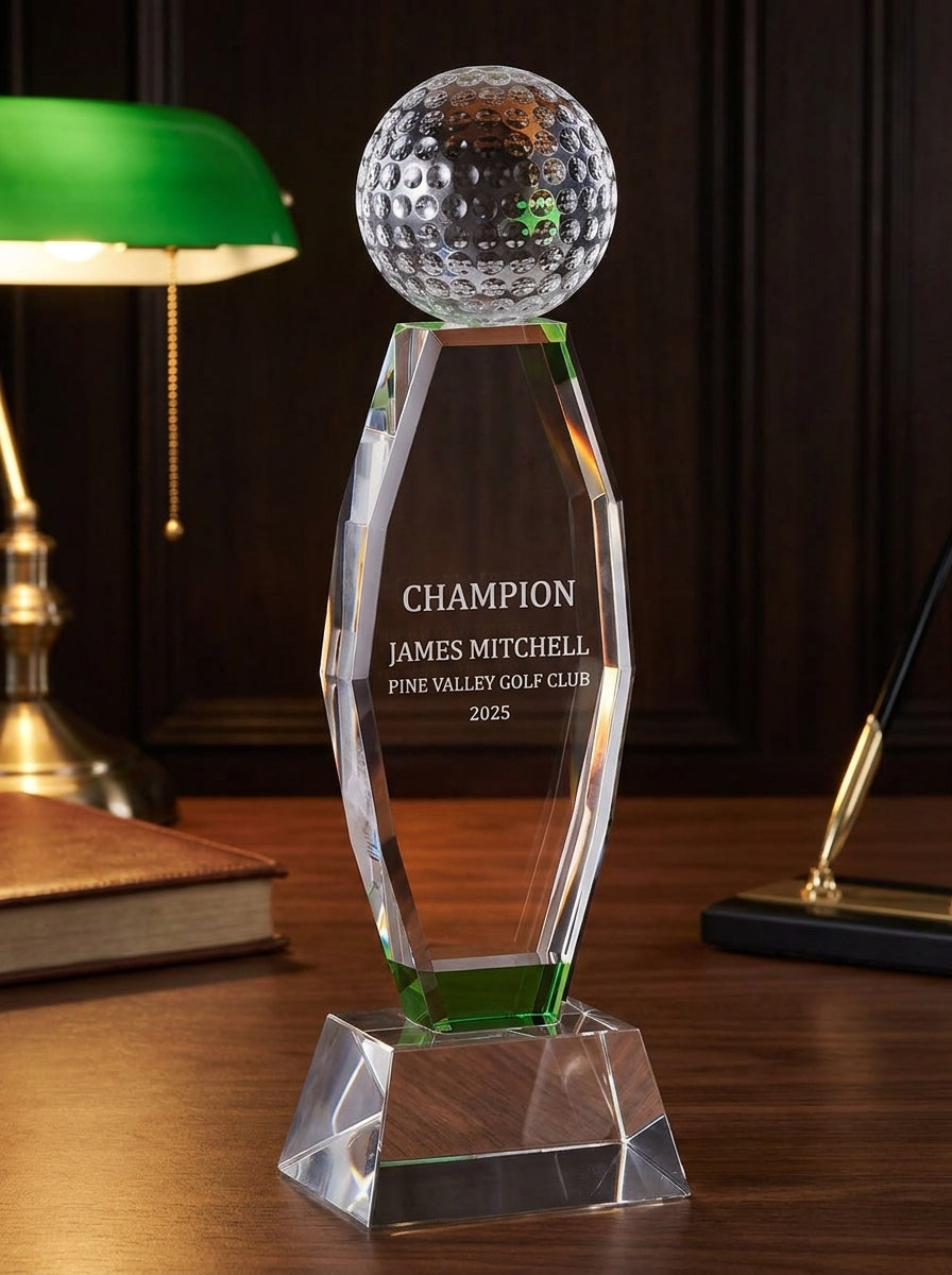 Personalized Crystal Golf Award | Engraved Optical Crystal | Tournament Champion, Retirement, Lifetime Achievement - View 2