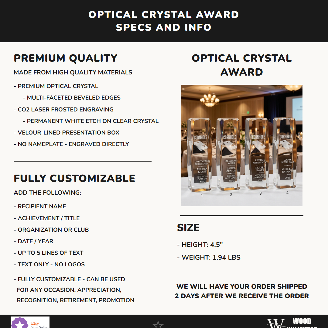 Personalized Cornhole Crystal Award Specifications - dimensions, materials, features