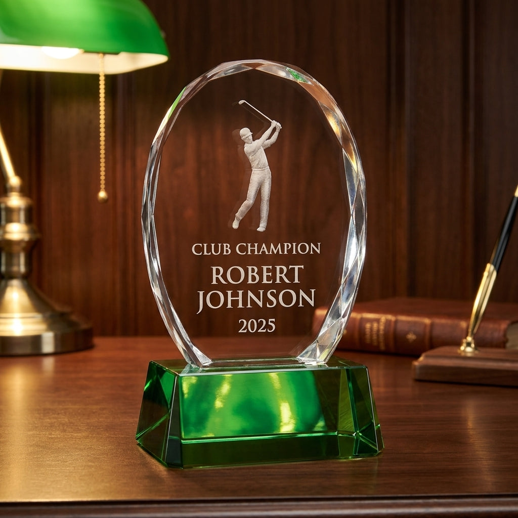 Personalized Crystal Sports Award | Engraved Golf Tournament Champion | Optical Crystal Retirement Gift | Lifetime Achievement Recognition - View 2