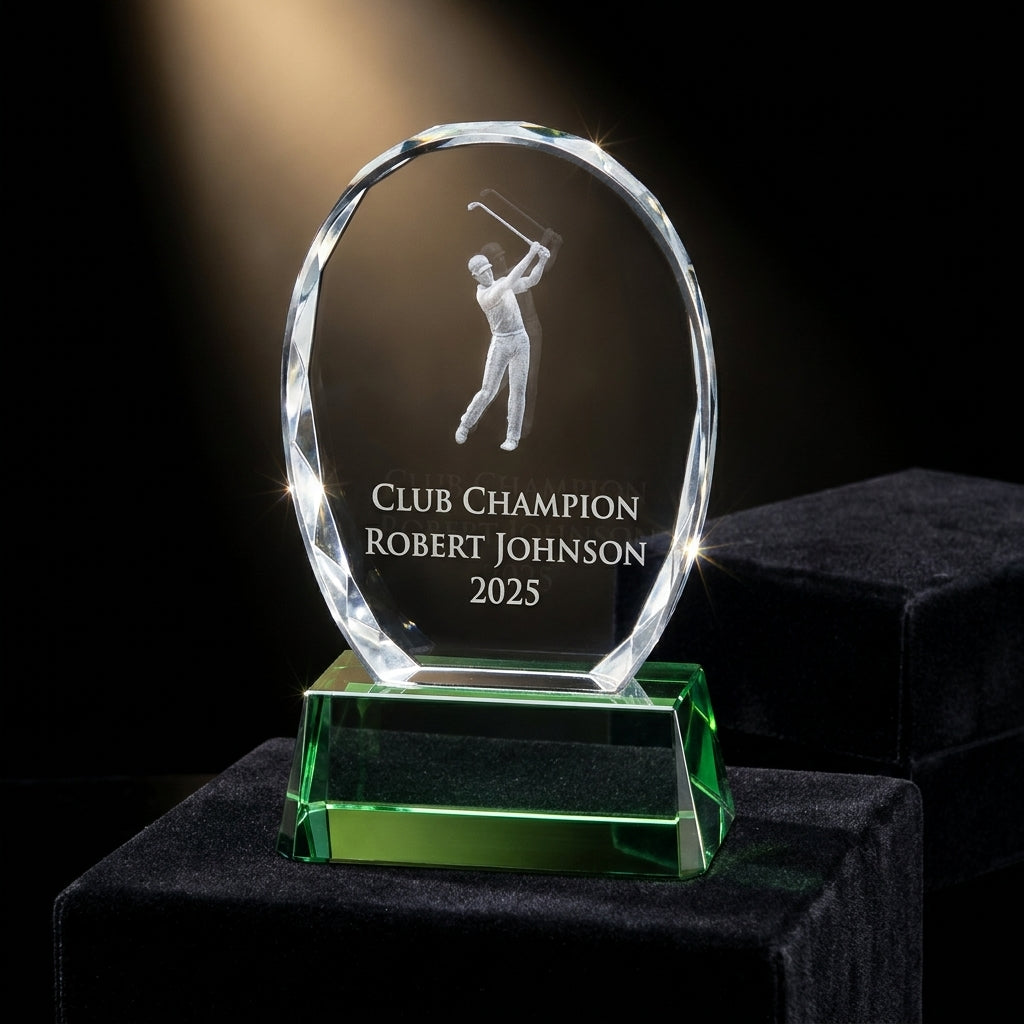 Personalized Crystal Sports Award | Engraved Golf Tournament Champion | Optical Crystal Retirement Gift | Lifetime Achievement Recognition - View 3