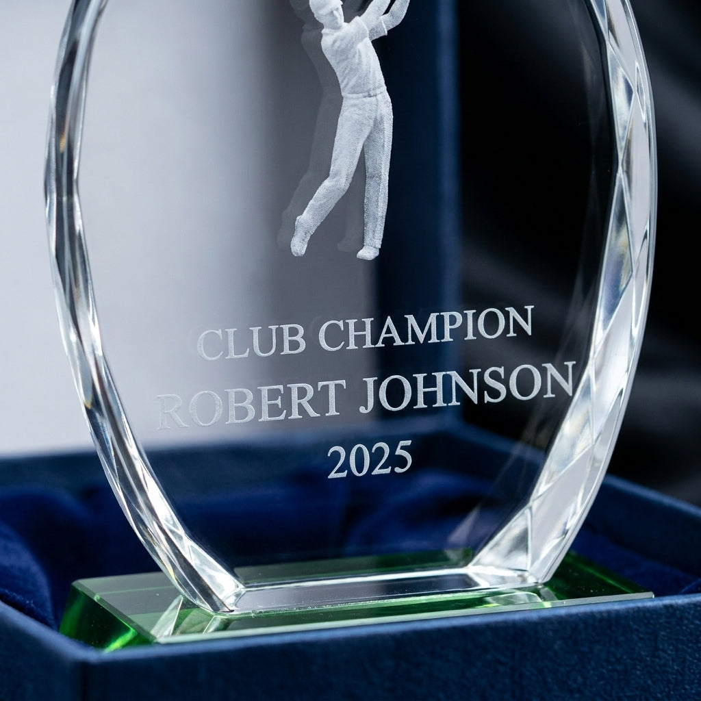 Personalized Crystal Sports Award | Engraved Golf Tournament Champion | Optical Crystal Retirement Gift | Lifetime Achievement Recognition - View 4