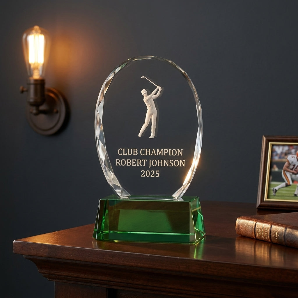 Personalized Crystal Sports Award | Engraved Golf Tournament Champion | Optical Crystal Retirement Gift | Lifetime Achievement Recognition - View 5