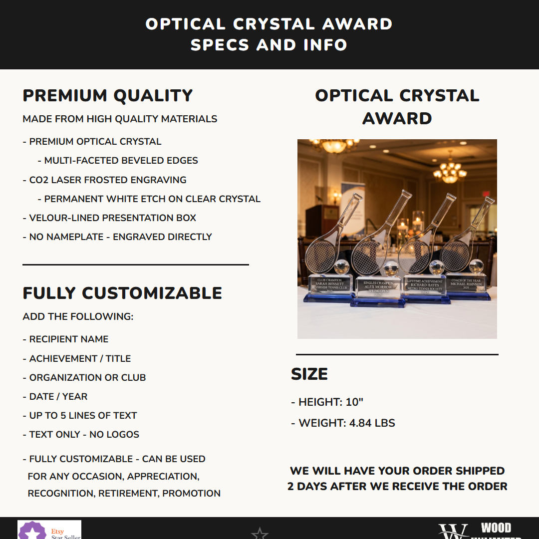 Personalized Crystal Tennis Trophy Specifications - dimensions, materials, features