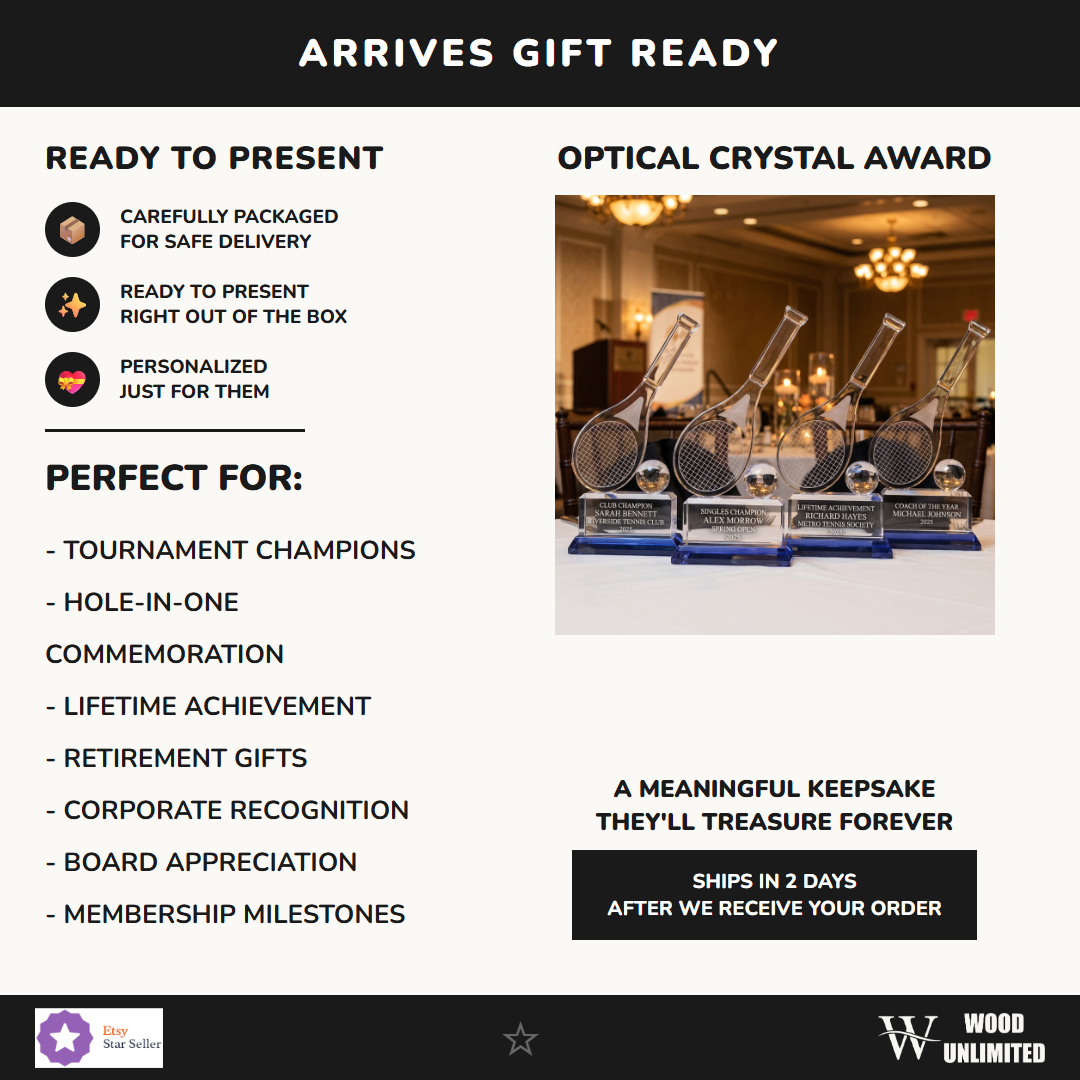 Crystal Tennis Trophy Gift Ready - perfect for awards ceremonies, recognition, and celebrations