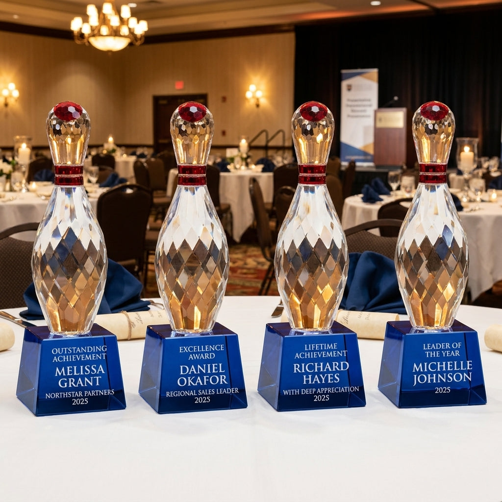 Personalized Crystal Bowling Trophy - custom laser engraved - view 1