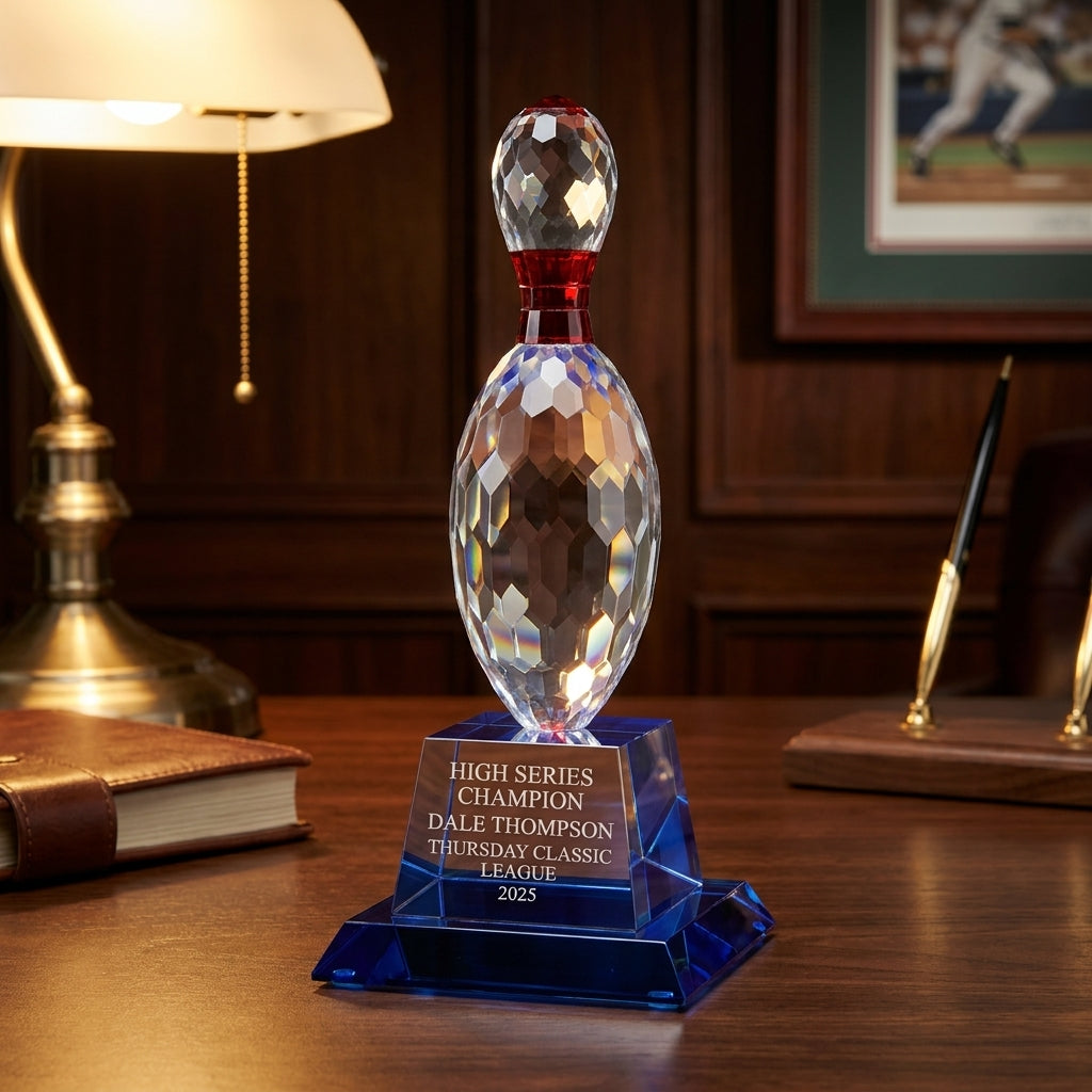Personalized Crystal Bowling Trophy - custom laser engraved - view 2