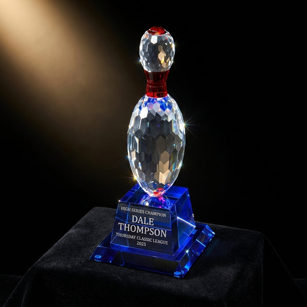 Personalized Crystal Bowling Trophy - custom laser engraved - view 3