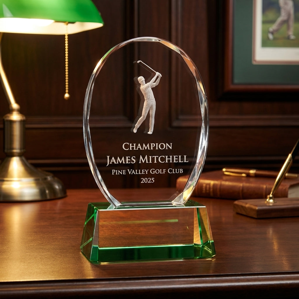 Personalized Crystal Sports Award | Engraved Optical Crystal Golf Tournament Champion Retirement Gift | Hole In One, Lifetime Achievement - View 2