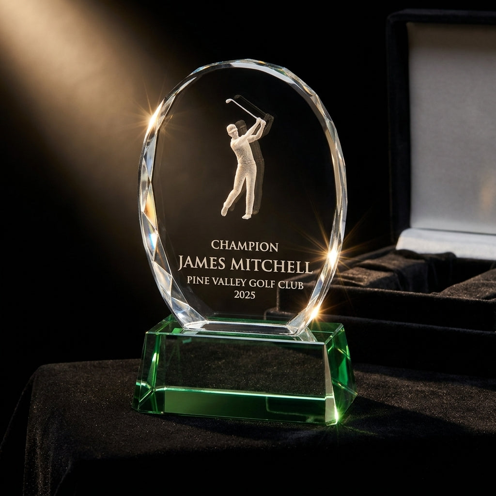 Personalized Crystal Sports Award | Engraved Optical Crystal Golf Tournament Champion Retirement Gift | Hole In One, Lifetime Achievement - View 3