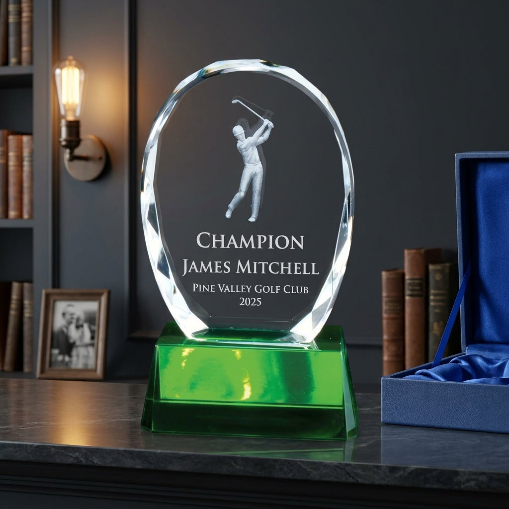 Personalized Crystal Sports Award | Engraved Optical Crystal Golf Tournament Champion Retirement Gift | Hole In One, Lifetime Achievement - View 5