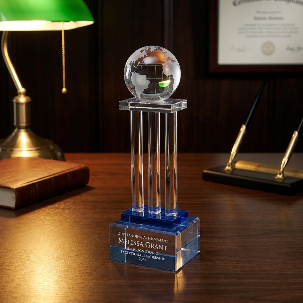 Personalized Globe On Pillars - custom laser engraved - view 2