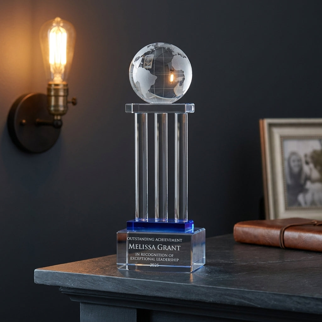 Personalized Globe On Pillars - custom laser engraved - view 5
