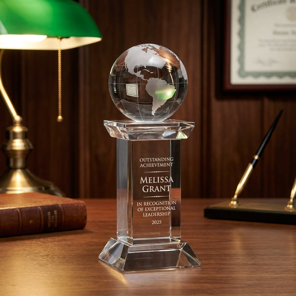 Personalized Globe Tower - custom laser engraved - view 2