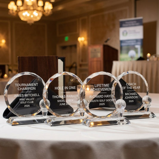 Personalized Crystal Golf Ball Desk Set — group of awards on a banquet table with personalized engravings — view 1