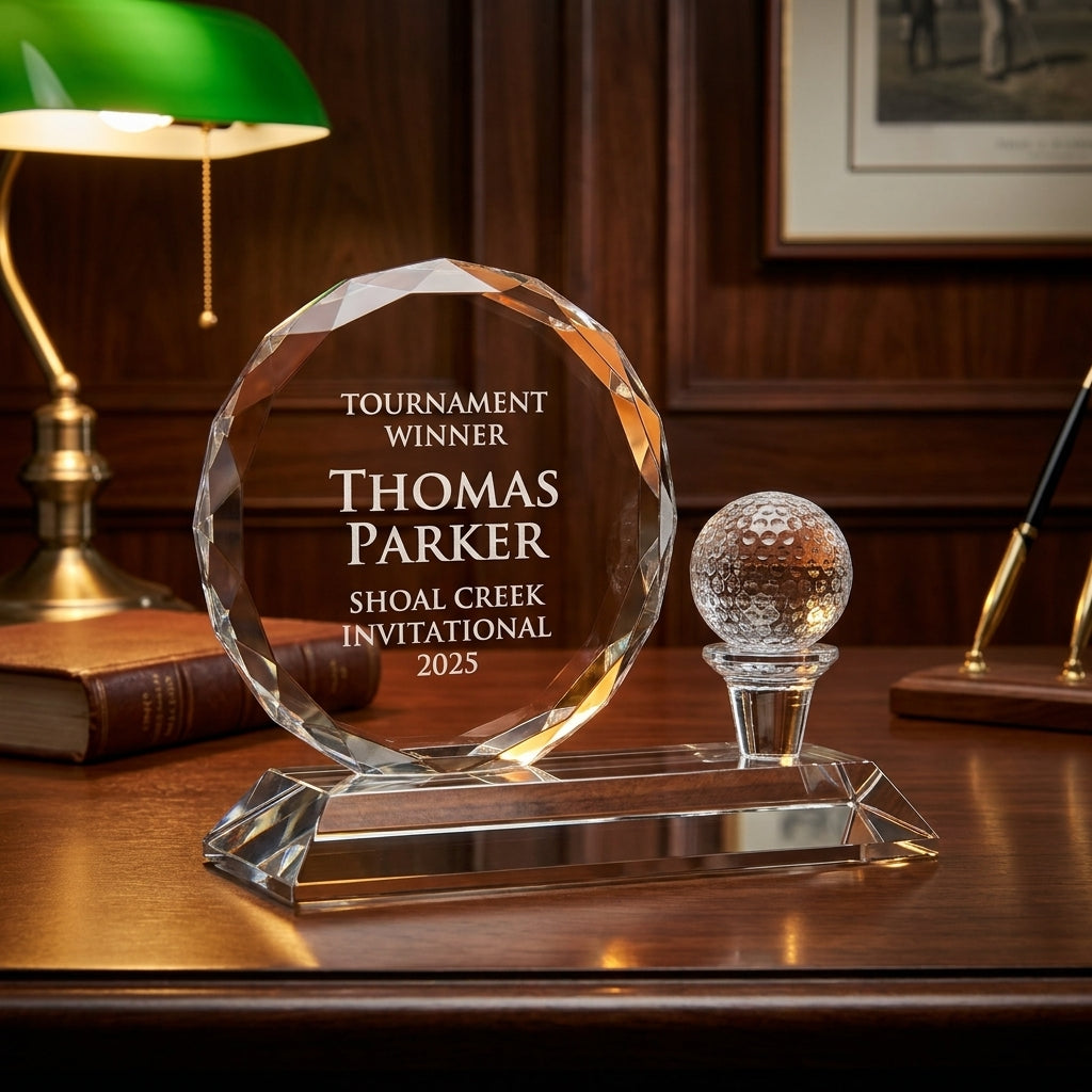 Personalized Crystal Golf Ball Desk Set — on a dark walnut executive desk in a private clubhouse study — view 2