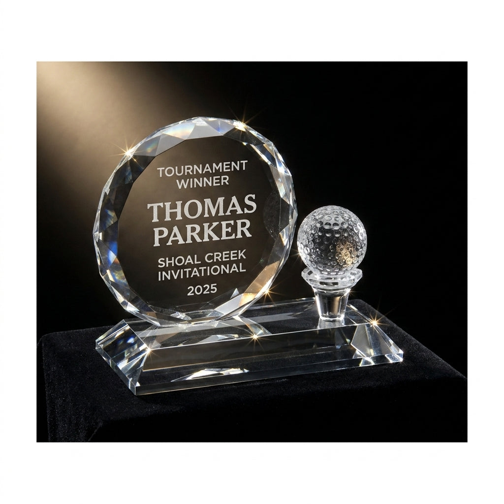 Personalized Crystal Golf Ball Desk Set — dramatic awards ceremony presentation with warm spotlight on black velvet — view 3
