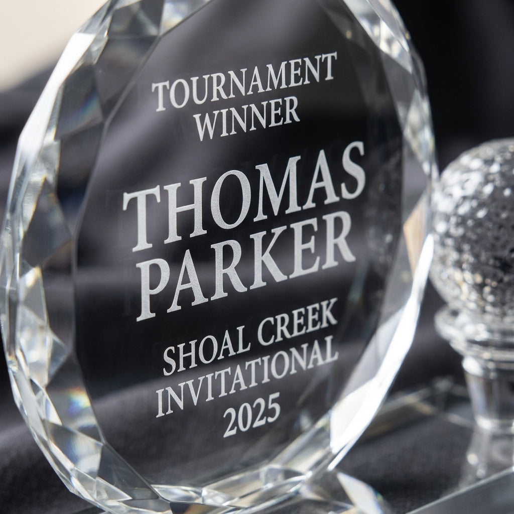 Personalized Crystal Golf Ball Desk Set — close-up macro of permanent CO2 laser frosted engraving directly on optical crystal — view 4