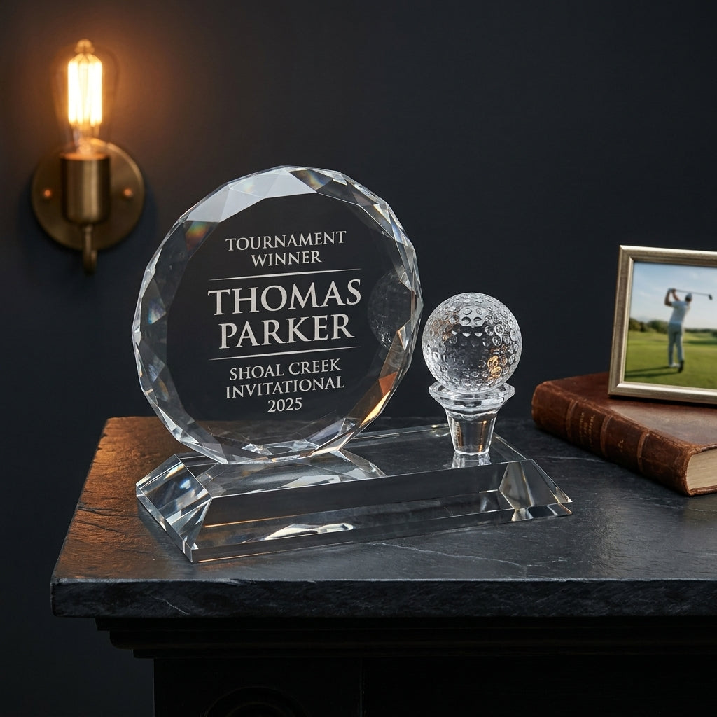 Personalized Crystal Golf Ball Desk Set — on a dark slate mantelpiece with moody lighting in a library setting — view 5