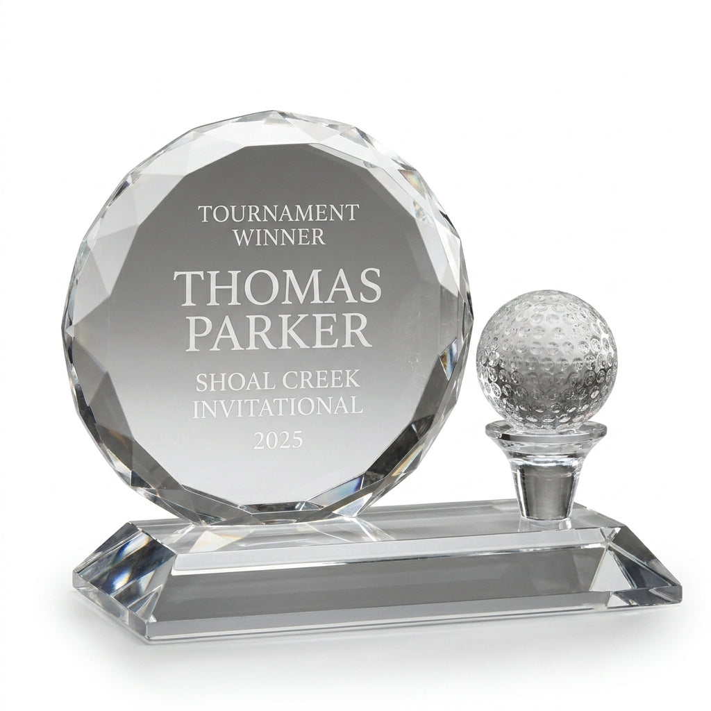 Personalized Crystal Golf Ball Desk Set — pure white studio backdrop showing crystal detail — view 6