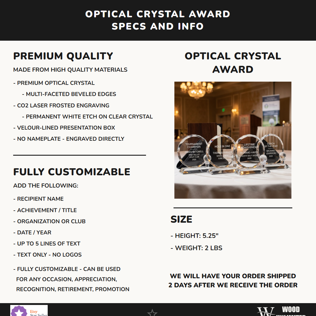 Personalized Crystal Golf Ball Desk Set Specifications — height, weight, optical crystal material, velour gift box included