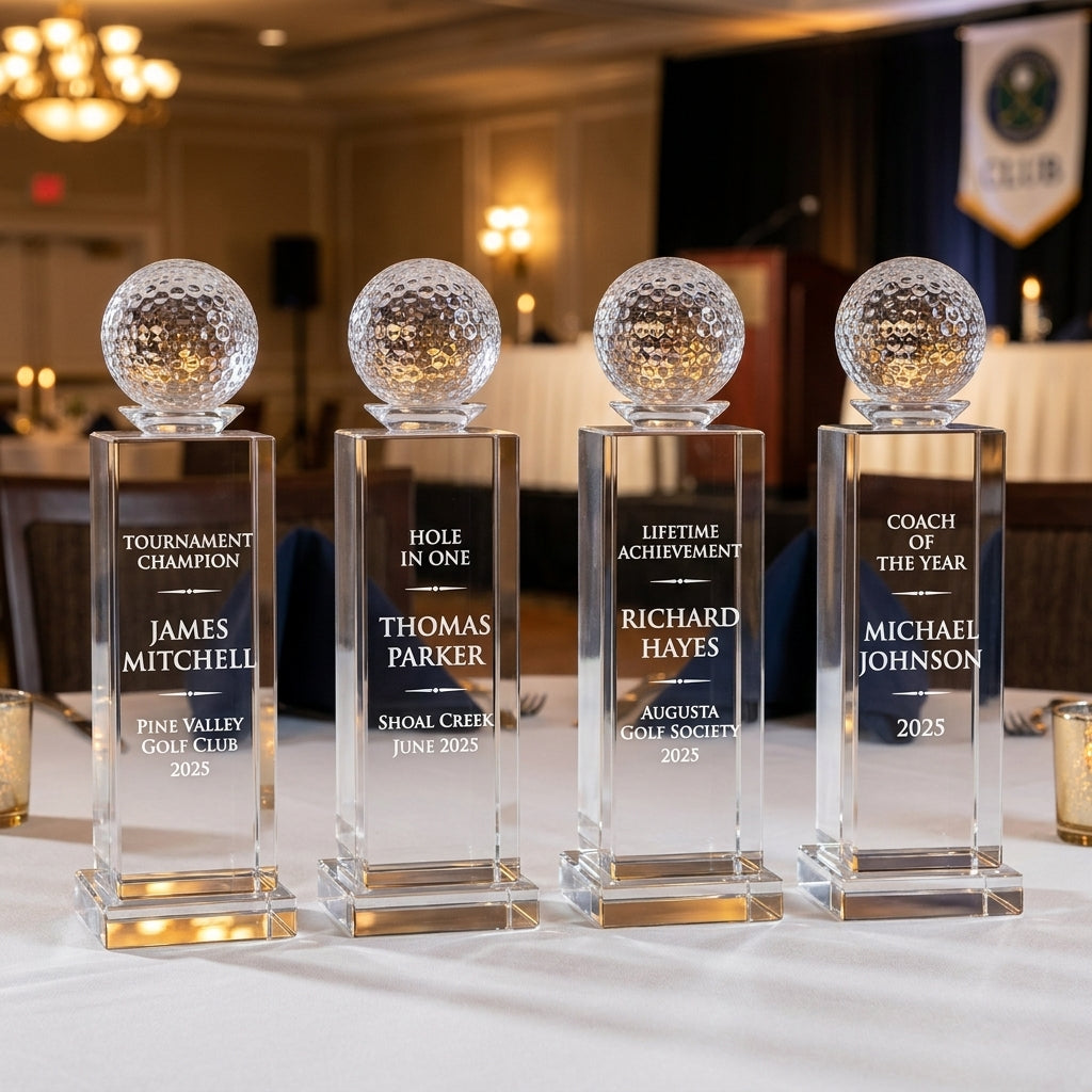 Personalized Crystal Golf Ball Tower Award (Small) — group of awards on a banquet table with personalized engravings — view 1