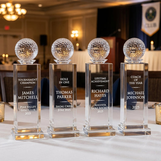 Personalized Crystal Golf Ball Tower Award (Small) — group of awards on a banquet table with personalized engravings — view 1