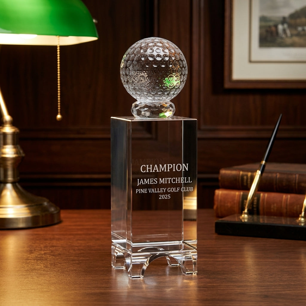 Personalized Crystal Golf Ball Tower Award (Small) — on a dark walnut executive desk in a private clubhouse study — view 2